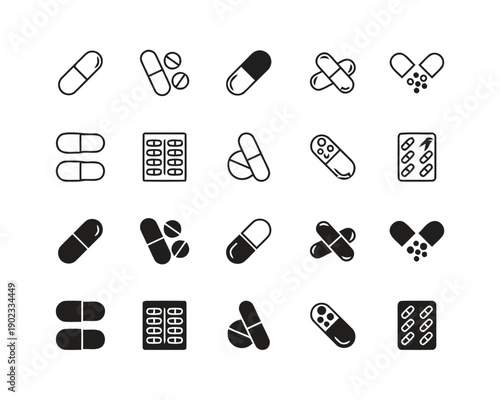 Pills and capsules icons set in various forms outline and solid for medication concepts