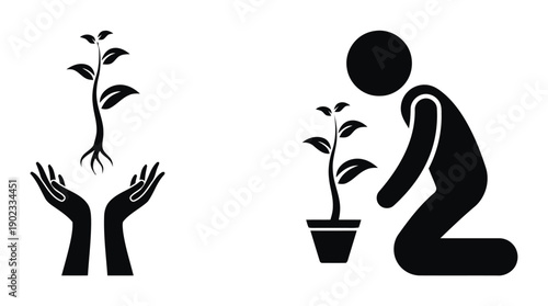 Plant growing icon set in hands and planting into pot with person