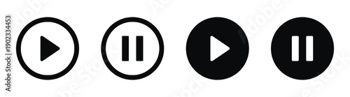 Play and pause icons set in circle outlines and solid fill