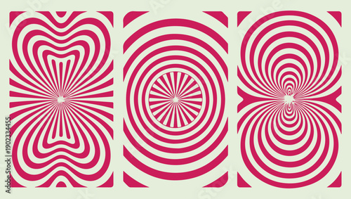 Optical illusions with swirling concentric pink and white patterns on a beige background