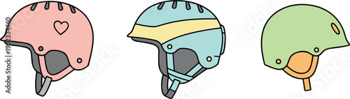 Vector illustration set of colorful safety helmets for cycling and sports isolated on white background for design elements.