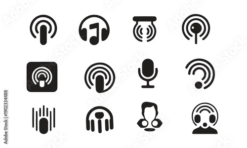 Podcast radio microphone and audio icons equipment symbols