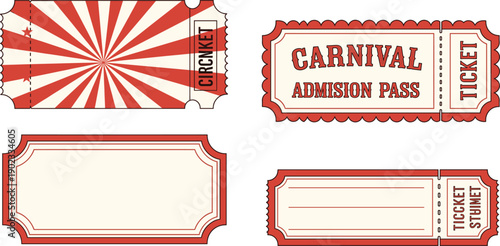 Vintage Carnival Ticket Template Set with Admission Pass Retro Fair Entry Coupons Isolated on White Background