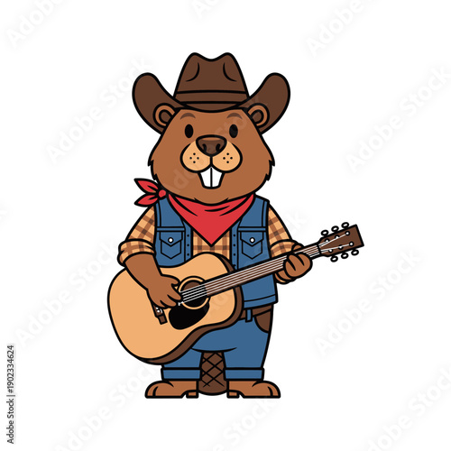 Cartoon Beaver Cowboy Playing Acoustic Guitar with Red Bandana