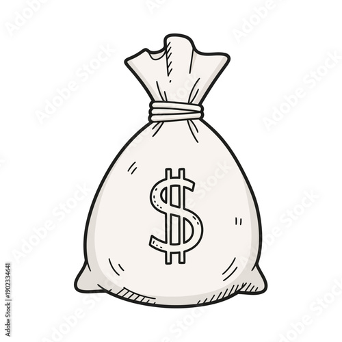 Hand-drawn dollar bag with currency symbol, isolated on white background