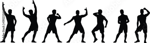 Silhouette of sporty men dancing and posing, fitness workout movement collection, active lifestyle concept, athletic body gestures illustration isolated on white background.