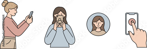 Woman Using Smartphone Illustration Set with Profile Avatar and Mobile App Interface Isolated on White Background