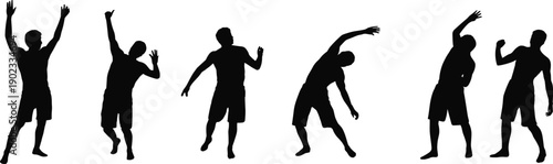 Silhouette of sporty men stretching and warming up, fitness exercise poses collection, workout training concept, athletic body movement illustration isolated on white background.
