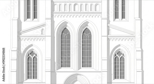 Detailed gothic church facade with ornate arched windows and stone carvings on a plain background