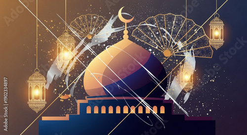 Ramadan kareem illustration with mosque crescent moon lanterns and decorative lights at night