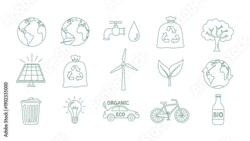 Sustainable Icons: A collection of meticulously crafted, line-art icons embodies the essence of environmental protection.