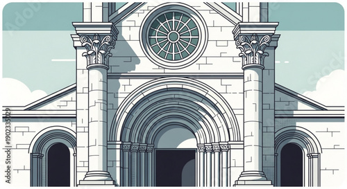 Detailed illustration of a grand stone building with arched entrance and columns set against a cloudy sky