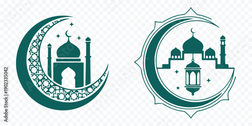 Islamic mosque moon crescent symbol Vector. Ramadan Kareem Crescent Moon Mosque Silhouette Emblem Set Collection of Islamic crescent moon mosque dome and star vector icons for ramadan, eid celebration