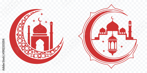 Islamic mosque moon crescent symbol Vector. Ramadan Kareem Crescent Moon Mosque Silhouette Emblem Set Collection of Islamic crescent moon mosque dome and star vector icons for ramadan, eid celebration