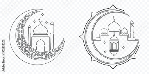 Islamic mosque moon crescent symbol Vector. Ramadan Kareem Crescent Moon Mosque Silhouette Emblem Set Collection of Islamic crescent moon mosque dome and star vector icons for ramadan, eid celebration