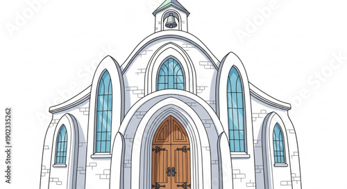 White gothic church building with arched windows and wooden door architectural illustration