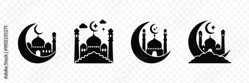 Ramadan Islamic Mosque with Moon and Stars Set. Muslim Crescent Moon Mosque Icon Set. crescent moon and star. Islamic symbol. Islamic icons can be used for the month of Ramadan, Eid and Eid Al-Adha