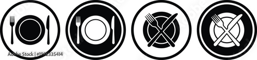 Black and white restaurant plate and cutlery icon set showing dining and no food symbols, minimalist table setting graphics for menu and hospitality design