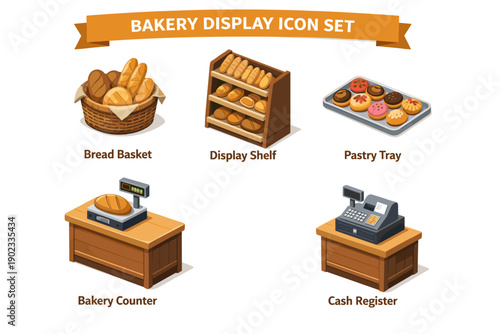 Bakery Display and Counter Equipment Flat Icons Set