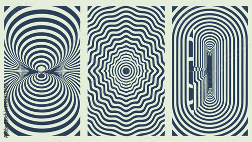 Abstract optical illusion with three panels of concentric wave patterns