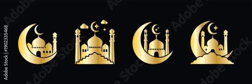 Gold Gradient Ramadan Mosque Silhouette Icons Set. Premium Islamic Ramadan Mosque and Crescent Moon Gold Icons. Ramadan kareem icons set with mosque crescent moon and star lantern white with Islamic 