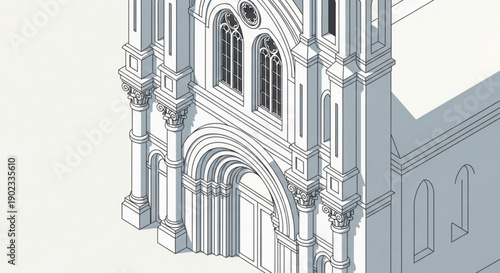 Gray gothic architectural building facade with arched windows and columns close up