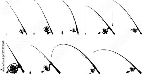 Collection of vector fishing rod silhouettes with reels and curved lines, black illustrations showing various angles and casting positions