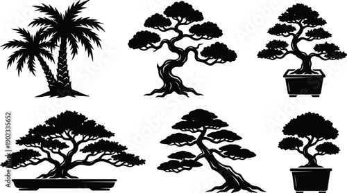 WebMinimalist Black Silhouette Vector Set of Bonsai Trees and Tropical Palm Trees for Zen Garden Landscape Design Japanese Aesthetic Wellness and Nature Branding Projects