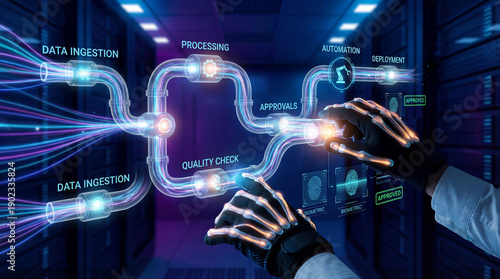 Futuristic interface with hands interacting with digital data flow, showcasing data ingestion, processing, quality check, automation, and deployment in virtual environment