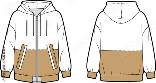 Color block zip-up hoodie technical flat sketch (front and back views) with drawstring hood, angled welt pockets, and ribbed cuffs and hem