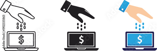 Donation and online payment concept with hand putting coins into laptop screen for crowdfunding and digital finance