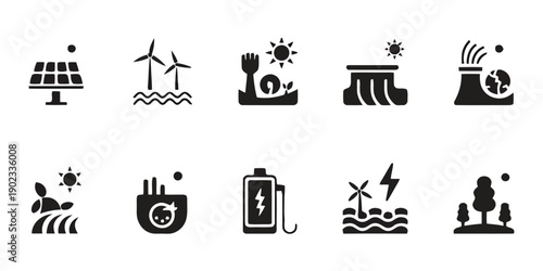 Renewable energy icons representing clean power sources and environmental sustainability in flat design