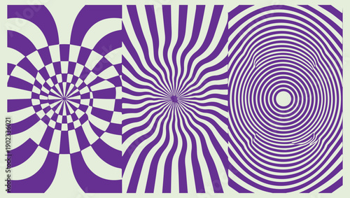 Optical illusions with swirling patterns in purple and white hues