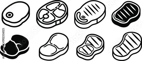 Set of meat steak vector icons for butcher shop restaurant and cooking recipe