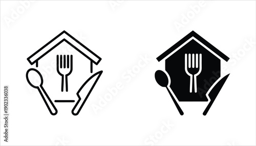 Restaurant cafe shop building with fork spoon and knife icon outline and filled versions