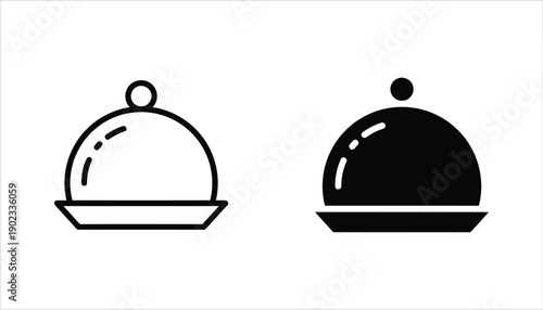 Restaurant cloche and serving plate outline and solid icon set