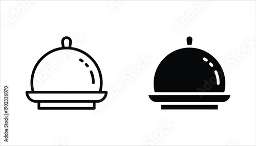 Restaurant cloche and serving plate outline and solid icon set