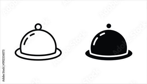 Restaurant cloche and serving plate outline and solid icon set