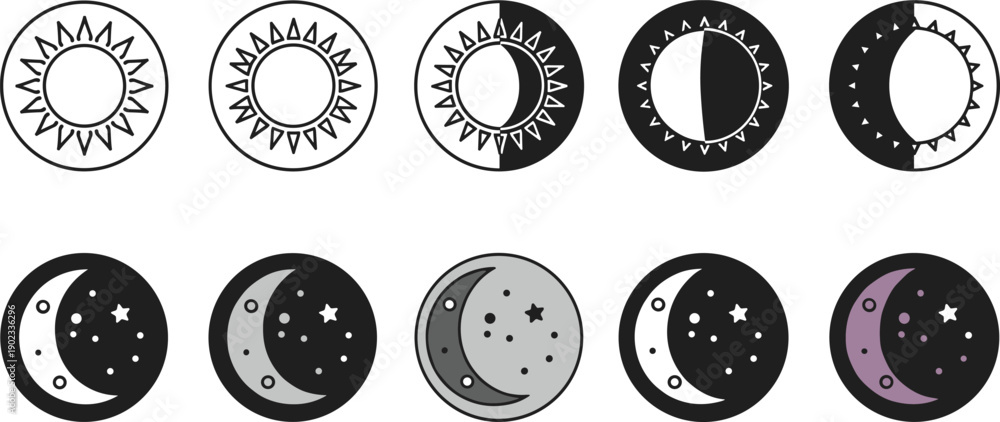 Fototapeta premium Sun and moon phase icon set, astronomy and astrology symbol collection, celestial bodies art