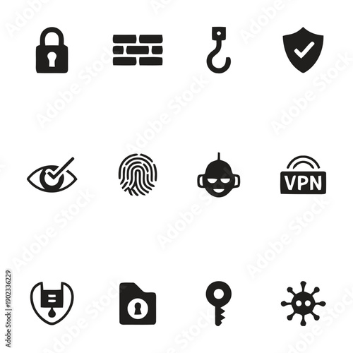 Security and privacy icon set with lock, fingerprint and virus symbol