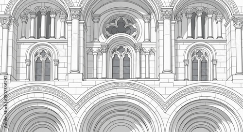 Detailed gothic architecture facade with arches and columns in black and white illustration