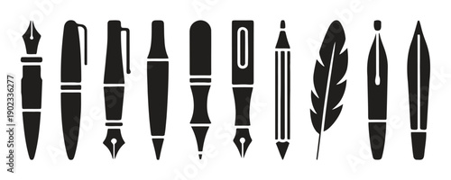 Selection of pen and feather icons, representing writing instruments and the art of calligraphy