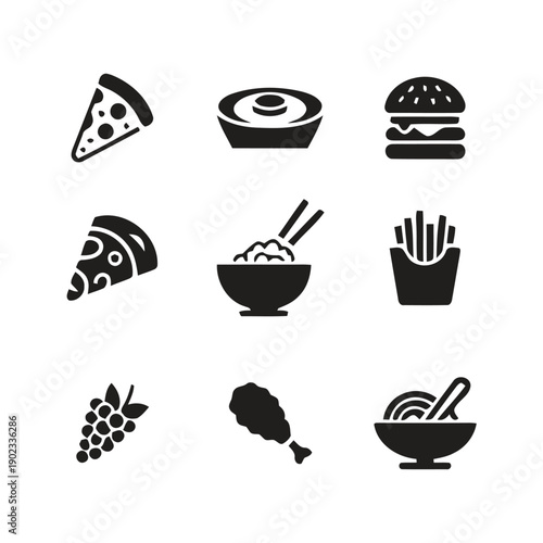 Selection of popular food and drink icons including pizza, sushi, burger, noodles, and grapes
