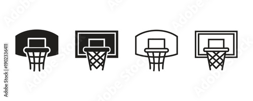 Set of basketball hoop and backboard icons in outline and solid black fill variations
