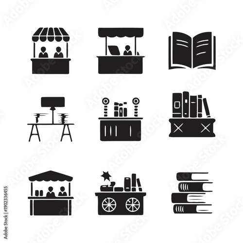 Set of black icons related to books, library, and market stalls with vendors