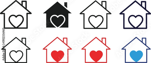 Set of house icons with hearts inside, symbolizing home love and cozy residence design elements