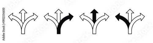 Set of directional arrows icons showing split and choice with filled and outline variations