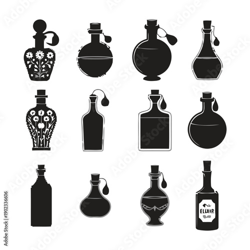 Set of decorative potion bottles and vials for magical or alchemical themes