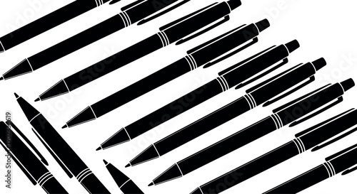 Ballpoint pen silhouette, writing instrument vector, black and white pen artwork, office stationery sketch, minimal pen design, click pen illustration