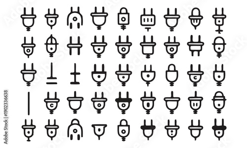 Set of electrical plugs and sockets vector icons for power connection and energy supply symbol collection